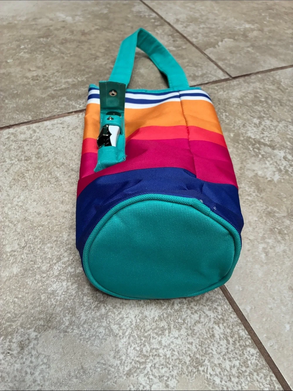 Sunnylife Multicolor Stripe Cosmetic Pouch with Teal Handle